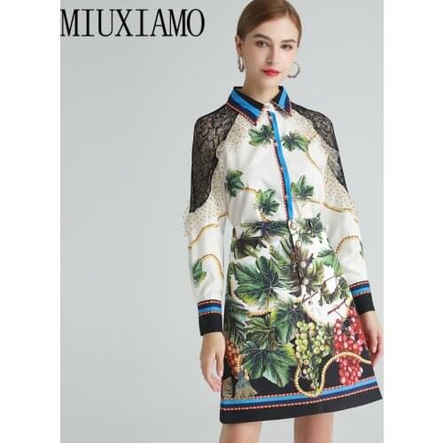 MIUXIMAO 2021 Spring Summer Women Long Sleeve Fruit Printed Lace Stitching Fashion Blouse + Overskirt Suit Two-piece Set