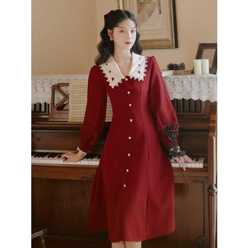 Summer New Womens Fashion Korean Version Of Instagram Popular Retro Navy Collar Red Dress Lanterns Sleeve Long Dress