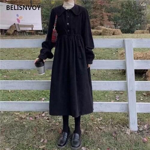 Japanese Mori Girl Autumn Winter Women Dress Peter Pan Collar Loose Harajuku Corduroy Dress Cute Kawaii Lantern Sleeve Vestidos