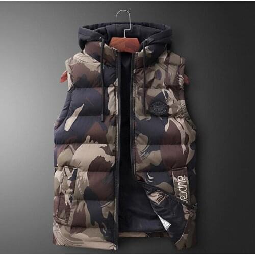 Winter Waistcoat Men Casual Windbreaker Fashion Sleeveless Jacket Men Thickening Camouflage Cotton Vest Hat Hooded Warm Vest