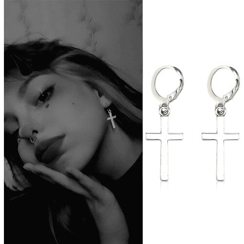 1 pair stainless steel Stud earrings for Men/Women Cross Pendant Long Tassel Unisex Hoop Earrings Punk Gothic Metal Jewelry