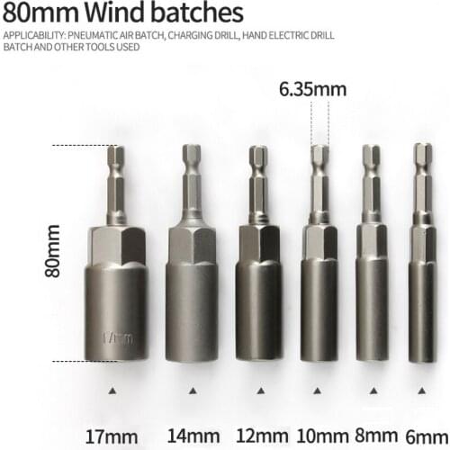 6Pcs/set Extra Deep Bolt Nuts, 1/4mm Hex Shank,6/8/10/12/14/17mm,Non-magnetic, Deepen,Power Tool Impact Socket Adapter