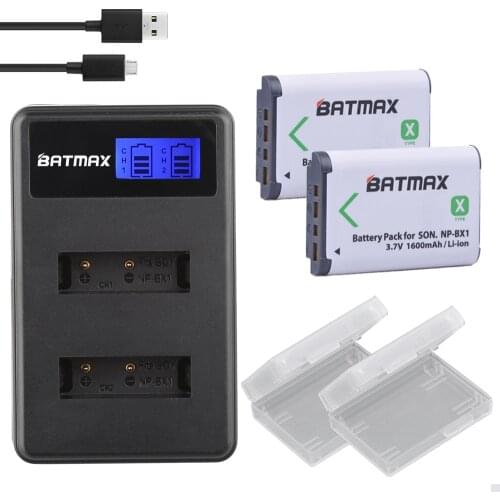 Batmax 2Pc NP-BX1 NP BX1 battery NPBX1 Bateria+LCD Dual Charger For Sony NP-BX1 HDR-AS200v AS20 AS100V DSC-RX100 X1000V WX350