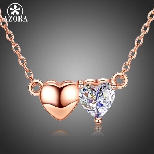 AZORA Forever Lover Double Heart Pendant Necklace for Women Female Heart Cut Clear Cubic Zirconia Jewelry Accessories TN0247