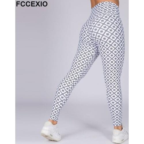 FCCEXIO Women Push Up Sportswear Autumn Fashion Workout Leggings Outdoor New Geometric Pattern Skinny Elastic Force Leggings