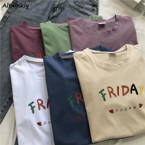 T-shirts Women Letter Simple Basic Cute Japanese Style Loose Leisure Chic Trendy All-match Harajuku Unisex Couple Female Top Ins