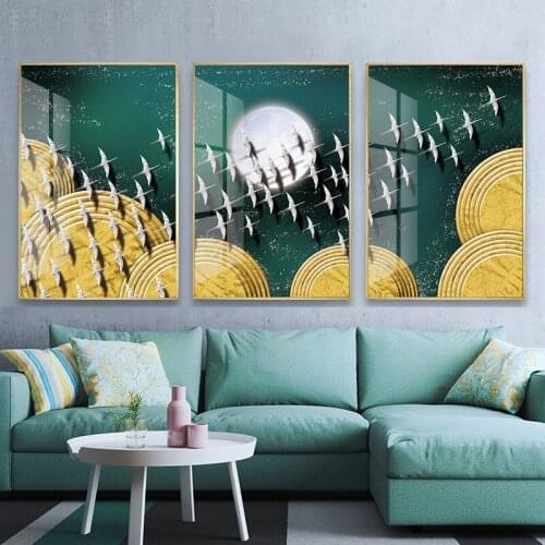 Chinese Style Moon Bird Canvas Painting Art Golden Annual Ring Nordic Posters and Prints Wall Picture for Living Room Home Decor