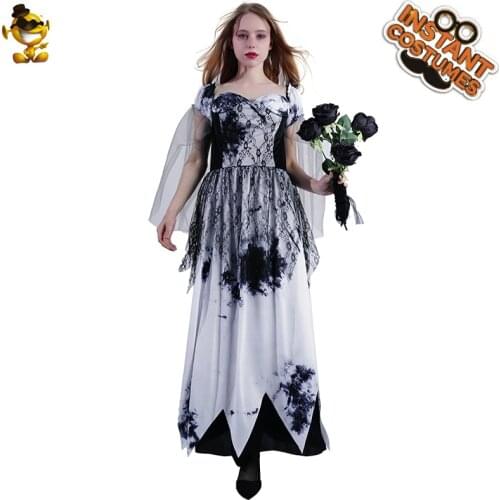 Ghost Bride Costume Halloween Cosplay Party Fancy Dress Up Carnival Holidays Party Role Play Horror Zombie Dresses for Female