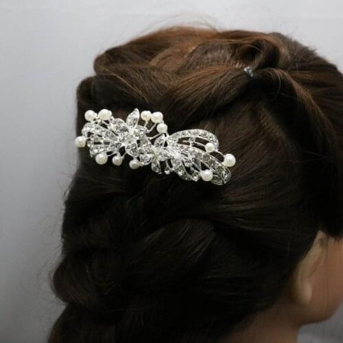 Trendy Hairwear Ladies Silvercolor Rhinestone Bridal Wedding Flower Pearls Crystal Chic Headband Hair Clip Comb Jewelry 96*56cm