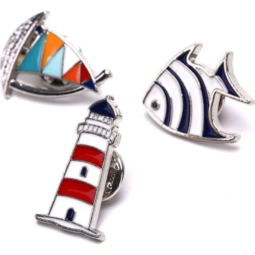 Man Women Blue Red Sailboat Helm Enamel Lapel Pins And Brooches Fashion Sailboat Lighthouse Fish Brooches Jewellery Bijuteria