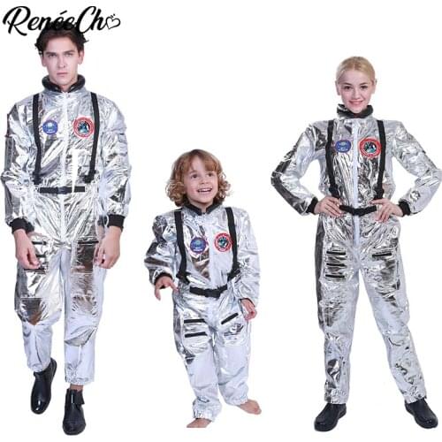 Halloween costume For Adult Astronaut Costume Men Cosplay Boys Outer Space Kid Costume Sliver Jumpsuit Family Cosplay Carnival