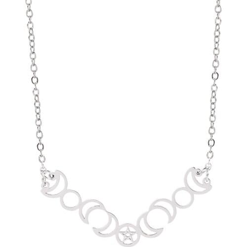 Sun Moon Pentagram Pendant Necklace Women Men Stainless Steel Silver Color Witchcraft Statement Necklace Wicca Jewelry Wholesale