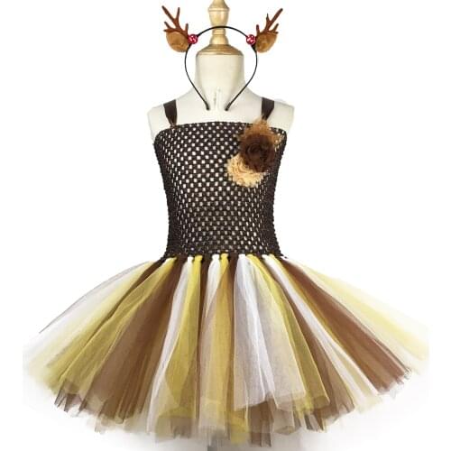 Coffee Deer Tutu Dress Kids Crochet Flower Dress with Straps and Hairbow Children Christmas Party Costume Cosplay Dresses