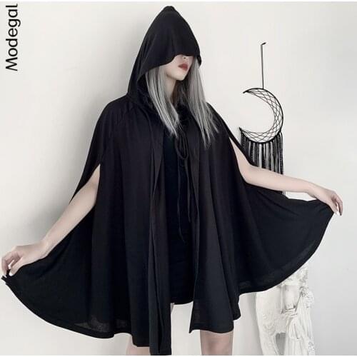 Modegal Gothic Lolita Ponchos Black Sleeveless Capes Strap Witch Hooded Cloak Grunge Harajuku Halloween Cosplay Costumes