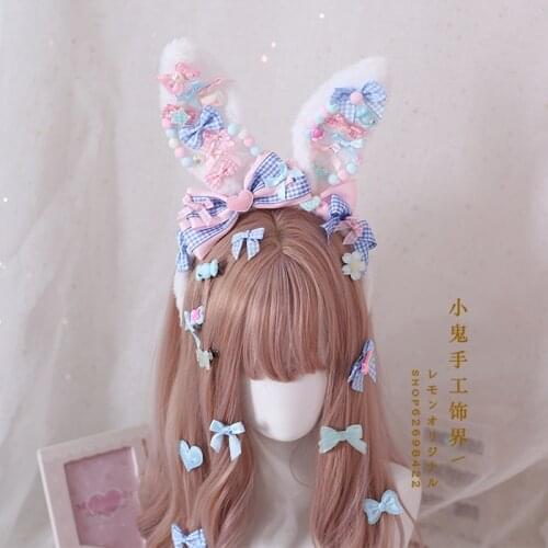 Handmade Pink Blue Lolita Headband KC Hair hoop Cute Strawberry Candy Rabbit Ears Hair Clip Handwork Hair Accessories Cosplay