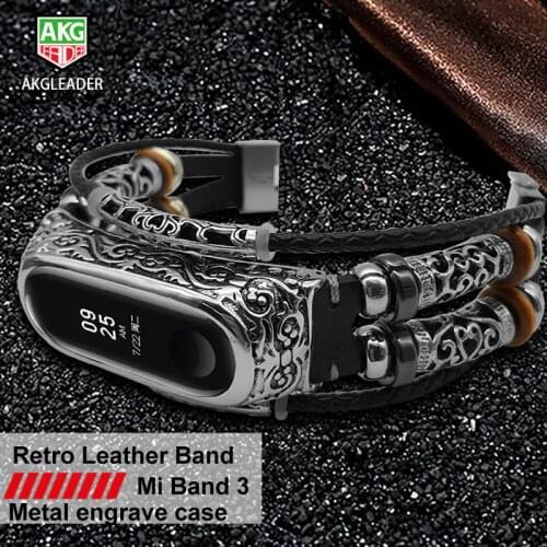 AKGLEADER For Xiaomi Mi Band 3 nfc Retro Watch Band Genuine Leather With Jewelry Wrist Strap Metal Engrave Case For Miband 3