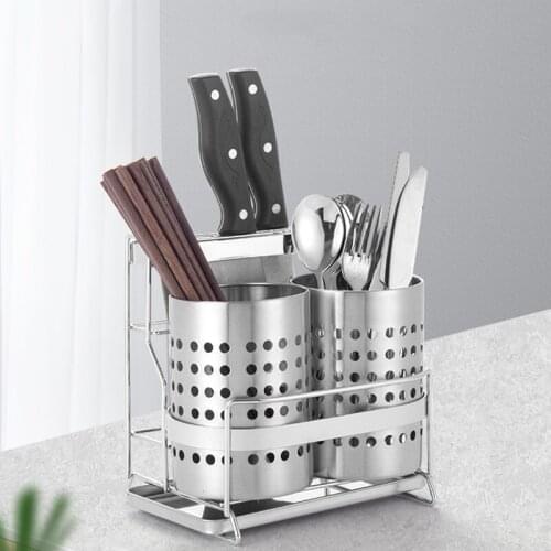 Silver Stainless Steel Kitchen Sink Stand Knives Holder with 2 Cutlery Storage Tube and Drainer Bottom Utensils Tools Organizer