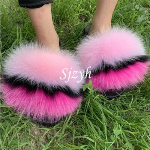 Wholesale Girls Fox Fur Slides Luxury Fluffy Fur Slippers Childrens Rainbow Furry Flip Flop Kids Fur Sandals Plush Mules Shoes