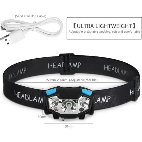 LED Headlamp Rechargeable Button Control+Motion Sensor Outdoor Headlight Portable Lighting Adjustable Degree