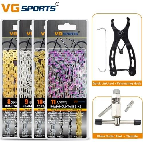 VG Sports 8 9 10 11 Speed Bicycle Chain Half / Full Hollow Mountain Road Bike Chain+Chain Quick Link Tool +Cutter Tool Set 116L