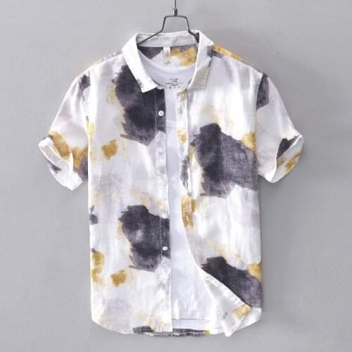 Quality Mens 100% Linen Shirts Camouflage Printed Short Sleeve Casual Shirt Men Social Business Flax Dress Shirts Male TS-504