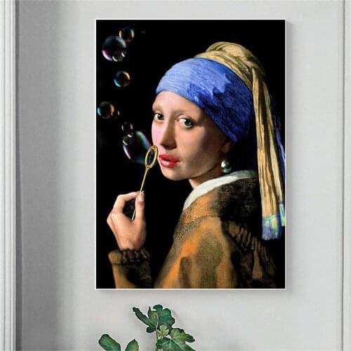 Funny Pearl girl blowing bubbles Oil painting Canvas Posters Prints Wall Art Creativity Picture For Living Room Home Decorations