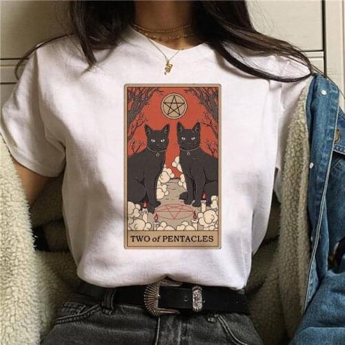 Black T-shirt Women Vintage Grunge Style Tee Tarot Card The Moon And Cat Aesthetic Harajuku Hipster Ulzzang Edgy Graphic Tees