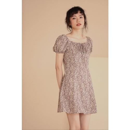 New Arrival Summer French Style Square Collar Puffl Sleeve Floral Dress Slim Belt Elegant Temperament Small Woman