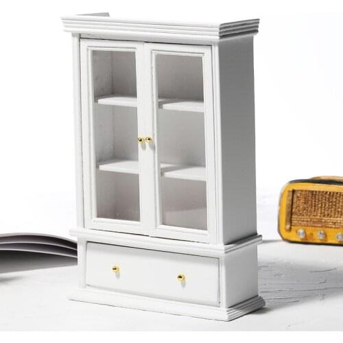 1: 12 Dollhouse Dollhouse Pocket Food And Play Diy Furniture White Double Door Glass Cabinet Model Handicraft Simulation Toy Set