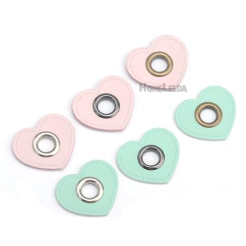 30pcs/lot HEART pink/mint PU leather sew on Badges patch labels + inner 8mm metal brass eyelets grommets free ship