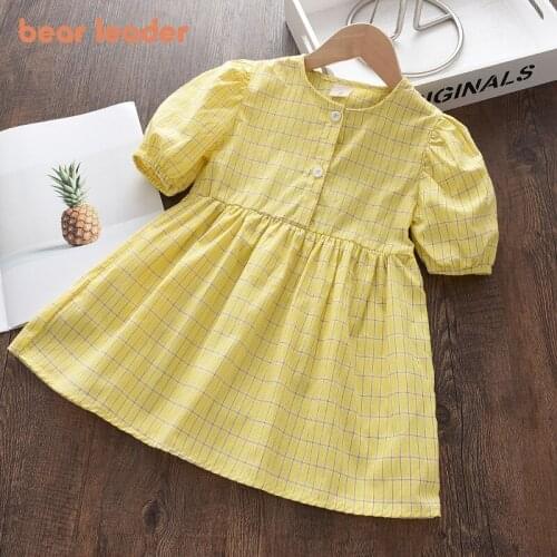 Bear Leader Girls Plaid Summer Dresses 2021 New Fashion Kids Casual Princess Costumes Short Sleeve Children Preppy Clothing 3-7Y