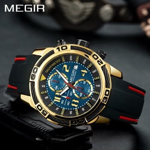 MEGIR Top Luxury Brand Date Chronograph Men Watch Rubber Quartz Clock Military Army Sport Male Watches Relogio Musculino 2045