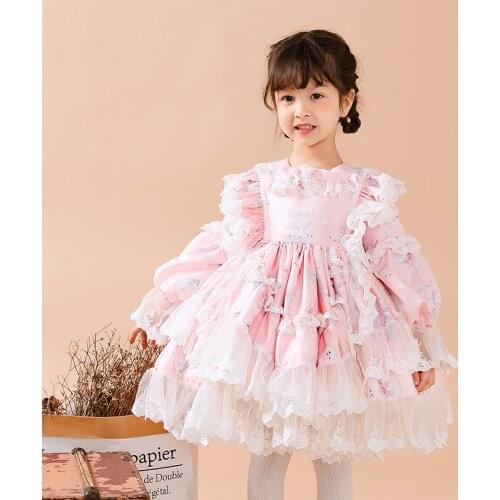 Childrens Lace kids Dressses Spring Autumn Girls Spain Lotia Boutique Dress Bow Kids Long Sleeve Ball Gowns Baby girl outfit