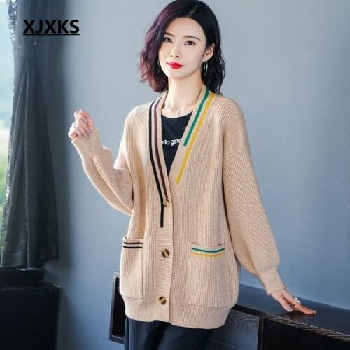 XJXKS Fashion Casual Loose Women Winter Long Sleeve Jumper Knit Sweater V-Neck Cardigan Top Slim Outwear Coat Spring Clothes