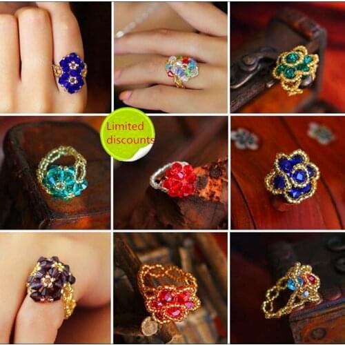 Hot hot Retro personality national wind ring jewelry first red yellow blue crystal bead ring weaving women jewelry wholesale