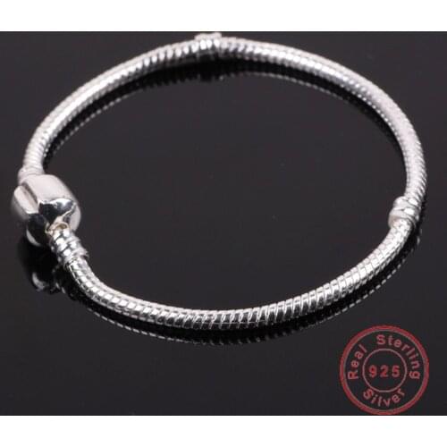 Fine Jewelry Women 100% Solid 925 Sterling Silver 3MM Charm Bracelet Bangle With Original S925 LOGO DIY Bead Bracelet