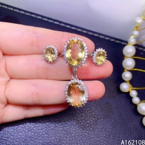 Fine Jewelry 925 Pure Silver Inset With Gem Womens Luxury Popular Oval Citrine Pendant Adjustable Ring Earring Set Support Dete