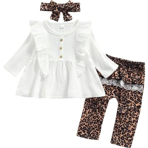2021-07-06 Lioraitiin 0-24M Infant Baby Girl 2Pcs Fashion Clothing Set Long Sleeve Off Shoulder Solid Top Leopared Long Pants