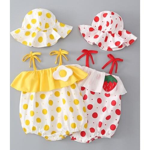 Summer Baby Girls Clothes Set Cotton Dot Off Shoulder Bodysuit For Newborns and Infant Hat 2Pcs Outfits Suit 2021