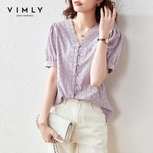 VIMLY Summer Women Blouse Elegant V Neck Lace Shirts Office Lady Puff Sleeve Shirt Casual Purple Pullover Female Tops F7126