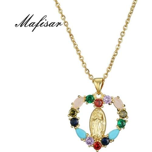 MafisarUnique Design Heart Shape Virgin Mary Pendant Necklace For Women Men Rainbow Color Crystal CZ Jewelry Gift For Friend
