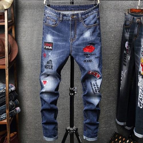 Mens Slim Jeans High Quality Letter Rose Embroidered Tapered Denim Trousers Autumn Street Fashion Boy Hip Hop Rock Young Pants