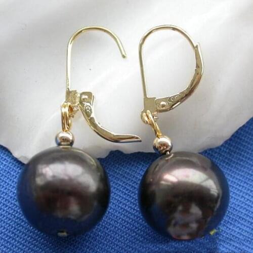 New Arrival Favorite Natural Pearl Earring 14mm Round Black Freshwater Pearl Gold Dangle Earring Perfect Fine Women Gift