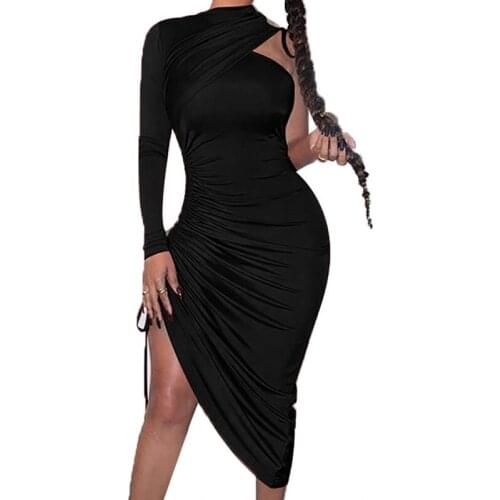 2021 Autumn One Shoulder Long Sleeve Party Dress Women Solid Slim Fit Bodycon Pleated Spring Elegant Ruffle Office Dresses