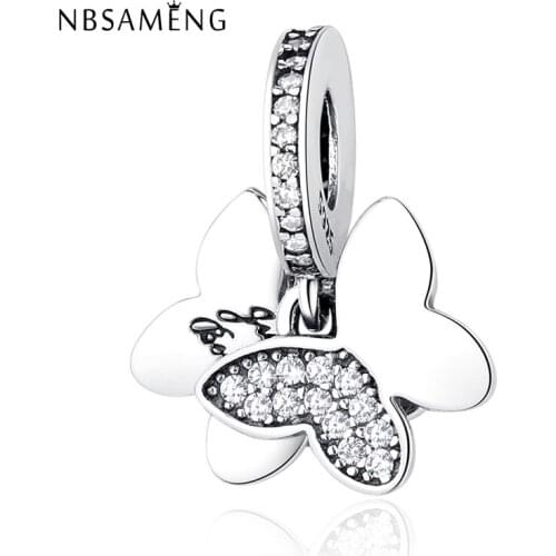 New Authentic 925 Sterling Silver Charm Bead Fluttering Butterflies Dangle Pendant Crystal Fits Bracelets DIY Jewelry