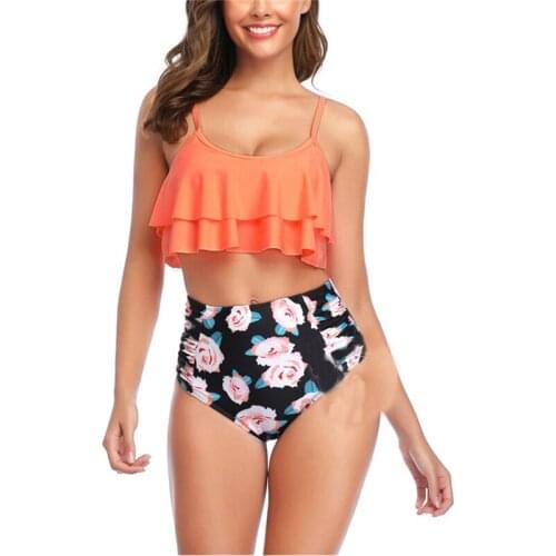 Ruffle print stripe ladies swimsuit split bikini beach swimsuit vacation swimsuit 2-piece set