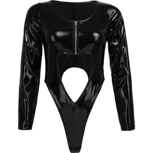 Sexy Women Patent Leather High Cut Leotard Bodysuit Wet Look Jumpsuit Front Zipper Hollow Out Catsuit Rompers Fetish Costume