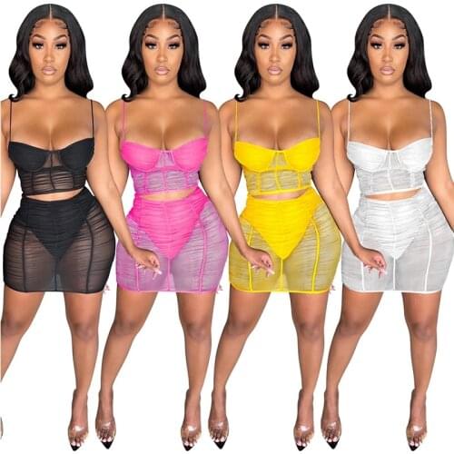 Sheer Mesh Patchwork 2pcs Set Spaghetti Strap Crop Top And See Through Mini Skirts Package Hip Dress Nightclub Party Bodycon
