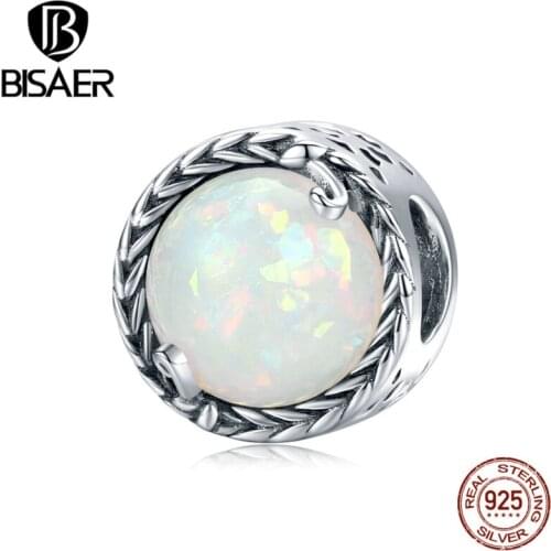 BISAER 925 Sterling Silver Opal Round Charms Vintage Vines Beads Pendant Fit Bracelet Necklace DIY Jewelry Making ECC1576