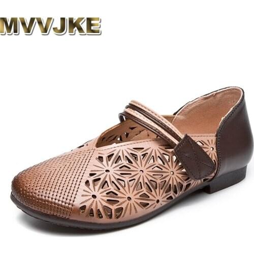 MVVJKE Retro Handmade Mary Janes Flats Genuine Leather Fashion Women Shoes Breathable Casual Summer shoes
